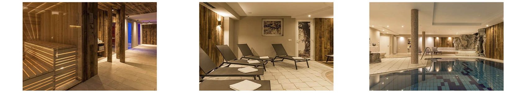 3 photos de l'hôtel, le sauna, la salle de piscine intérieur avec les transats et la piscine intérieur