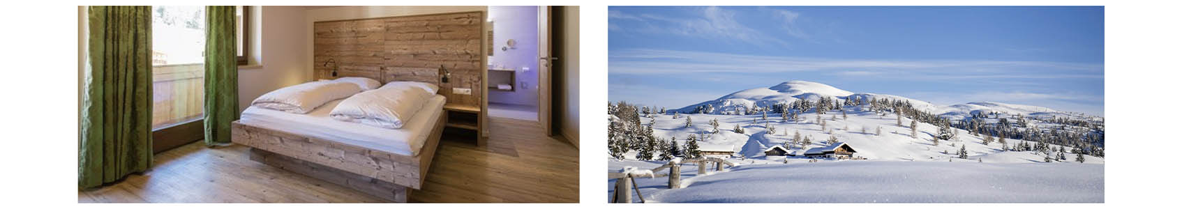 2 photos, une chambre de l'hôtel Abisavec lit double et vu sur les montagnes enneigée et photo des montagnes des Dolomites sud tyrol italien, juste à côté de l'hôtel 
