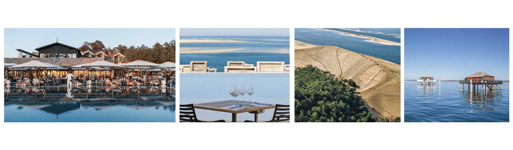 4 photos, 1 terrasse de la Coorniche, 2, vu sur l'océan et piscine à débordement de la Coorniche, 3, photo vu du ciel de la Dune du Pilat, 4, cabane sur l'île aux oiseaux
